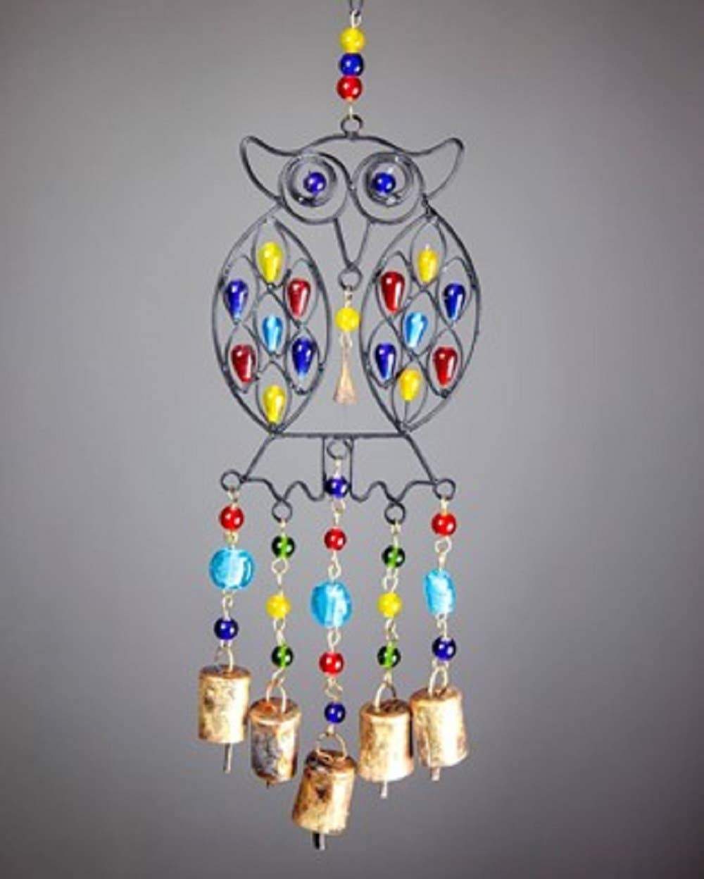 Colorful Beaded Owl wall hanging with brass bells, showcasing vibrant glass beads and intricate design.