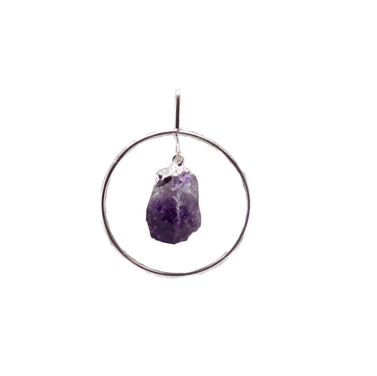 A beautiful Beak Pendant featuring a bright yellow citrine and a dark purple amethyst, elegantly hanging from a polished silver sphere.