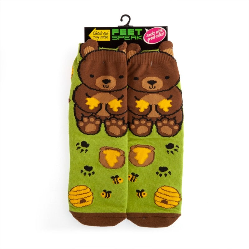 Bear Feet Speak Socks featuring a cute brown bear, bees, and paw prints with little ears for added fun.