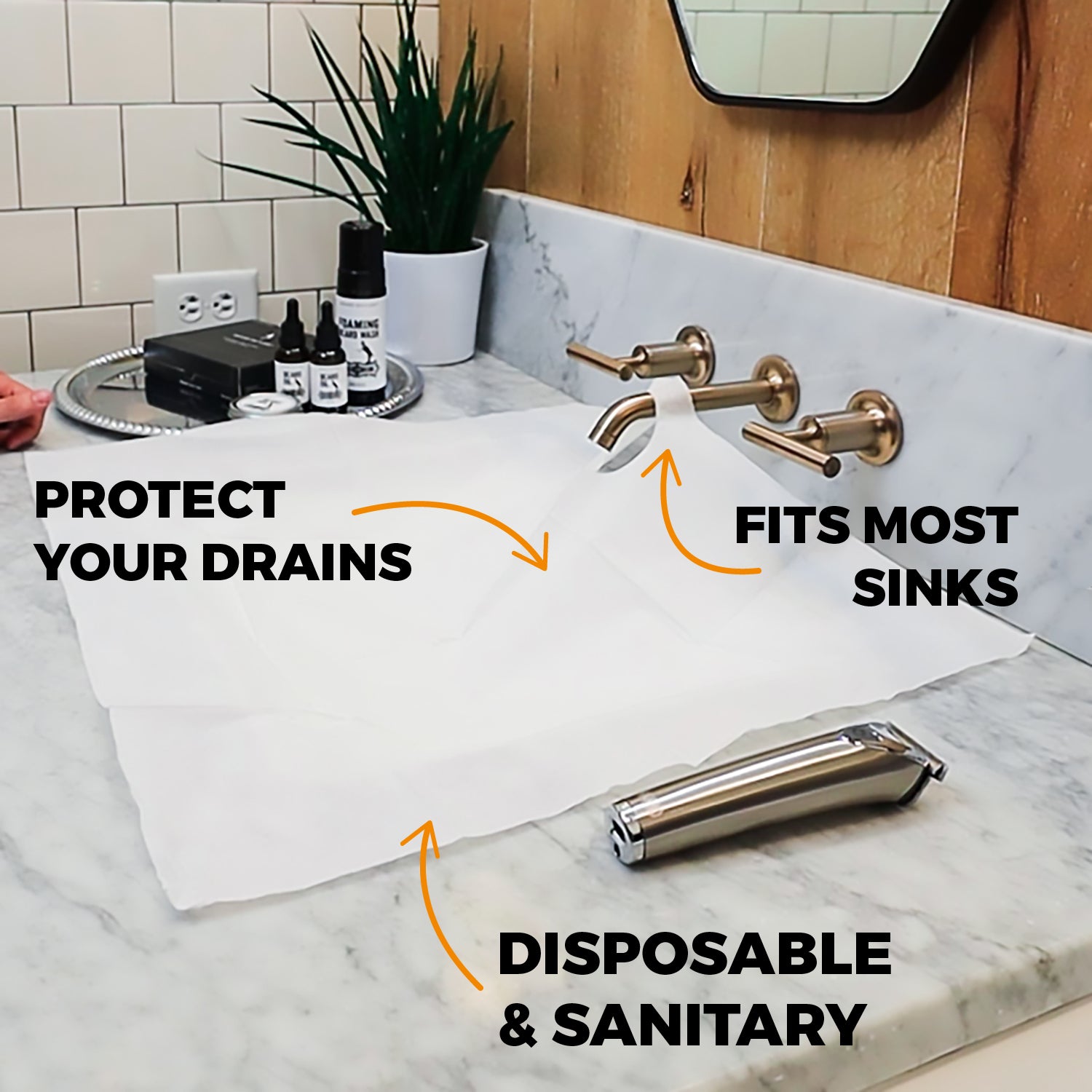 Beard Butler® Disposable Sink Guards package featuring biodegradable tissues for catching beard hair during grooming.