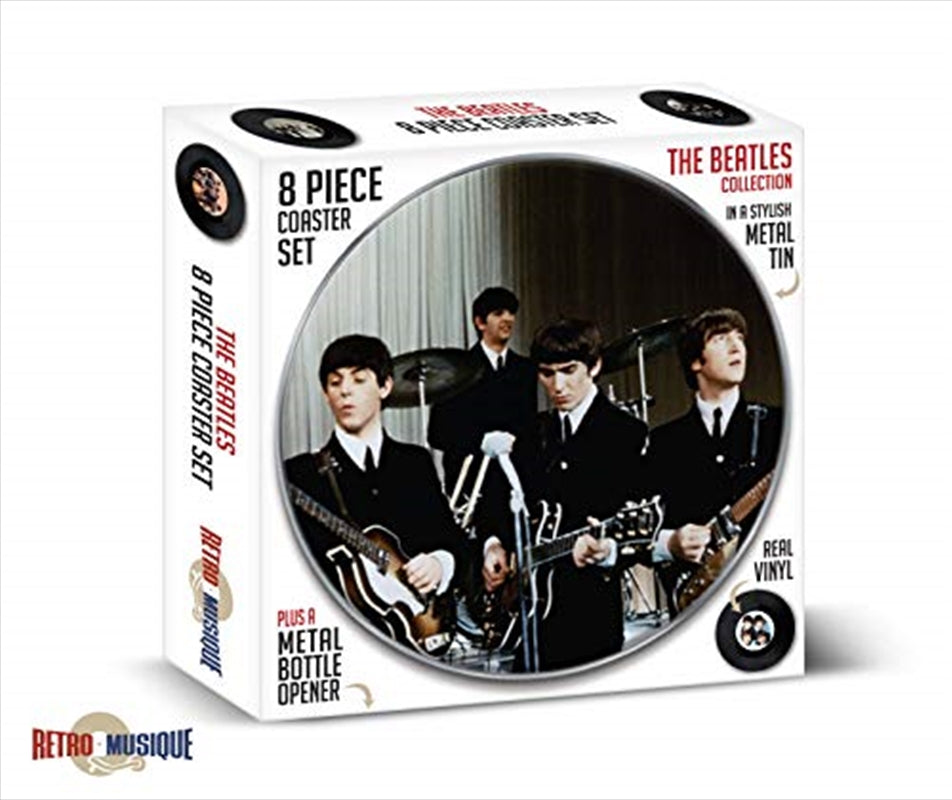 Beatles 8 Piece Coaster Set displayed in a stylish metal tin featuring iconic band designs.