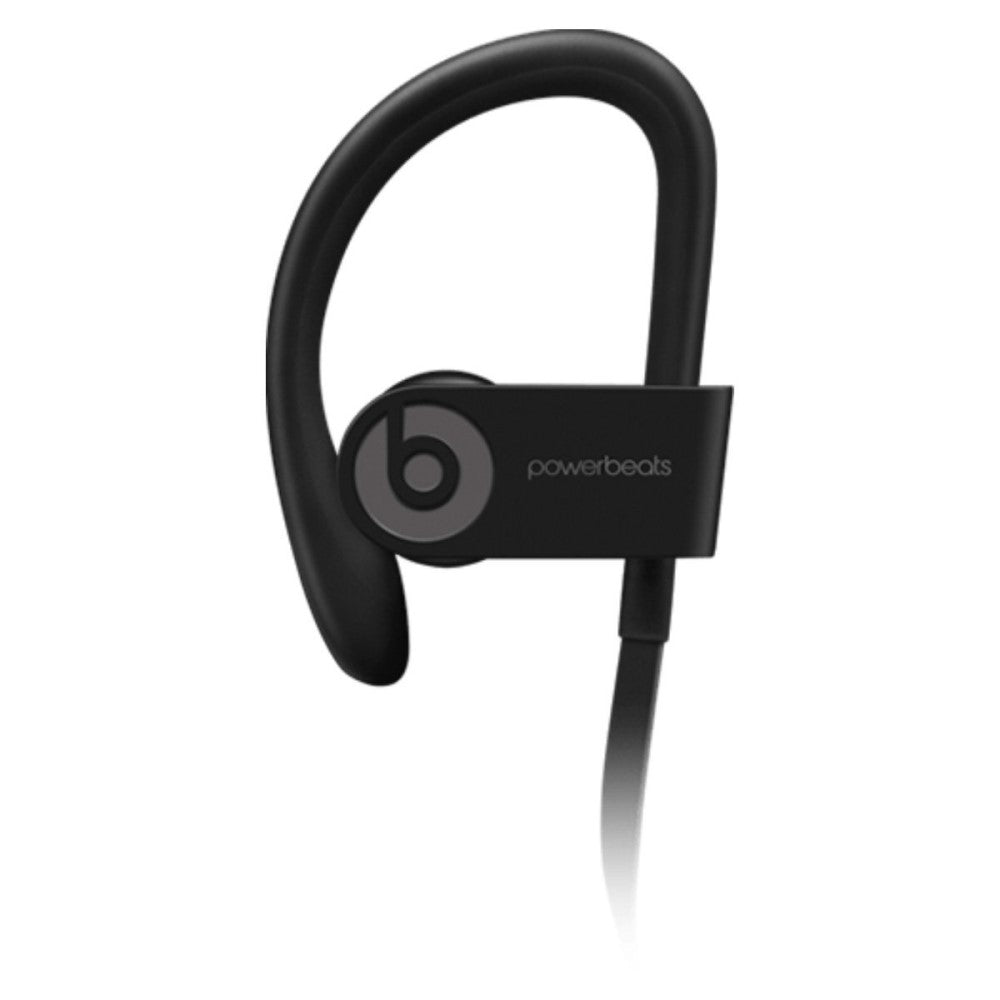 Beats Powerbeats 3 Wireless Earphones in black, showcasing secure-fit earhooks and sleek design, ideal for workouts.