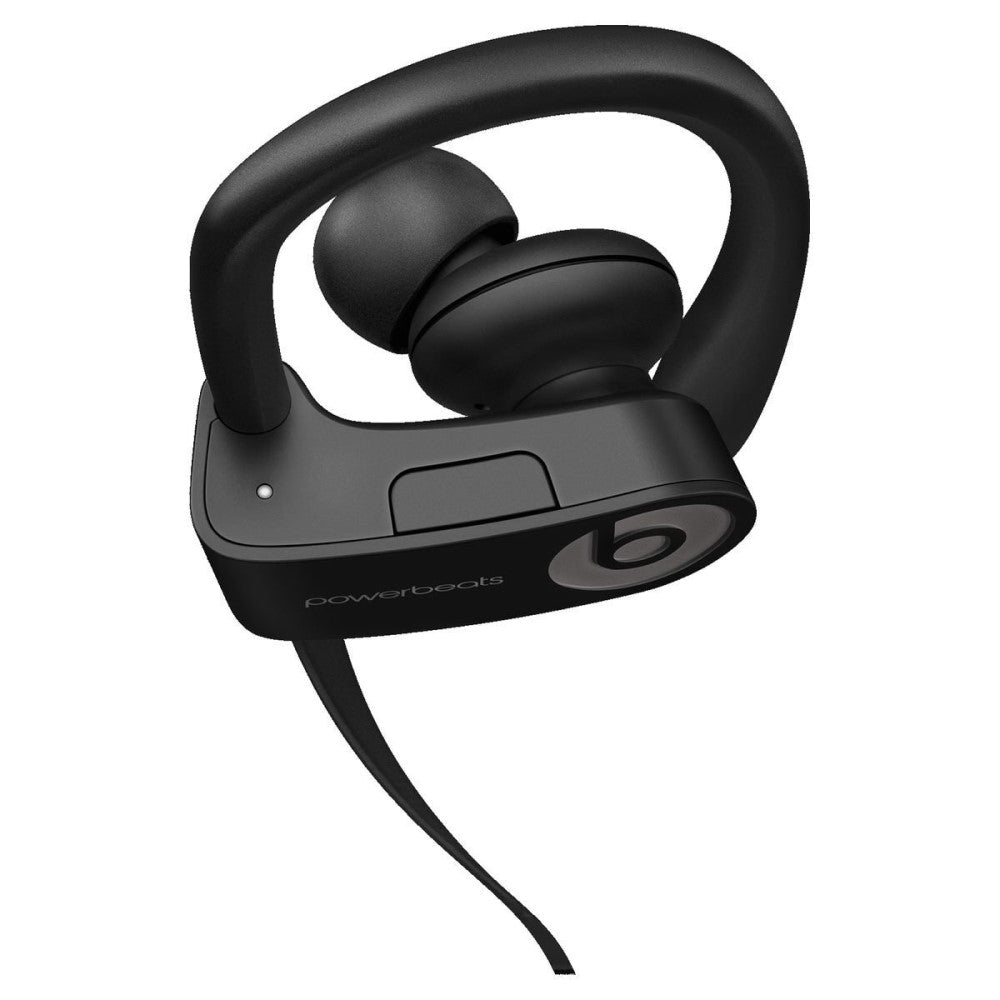 Beats Powerbeats 3 Wireless Earphones in black, showcasing secure-fit earhooks and sleek design, ideal for workouts.