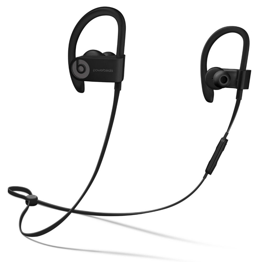 Beats Powerbeats 3 Wireless Earphones in black, showcasing secure-fit earhooks and sleek design, ideal for workouts.