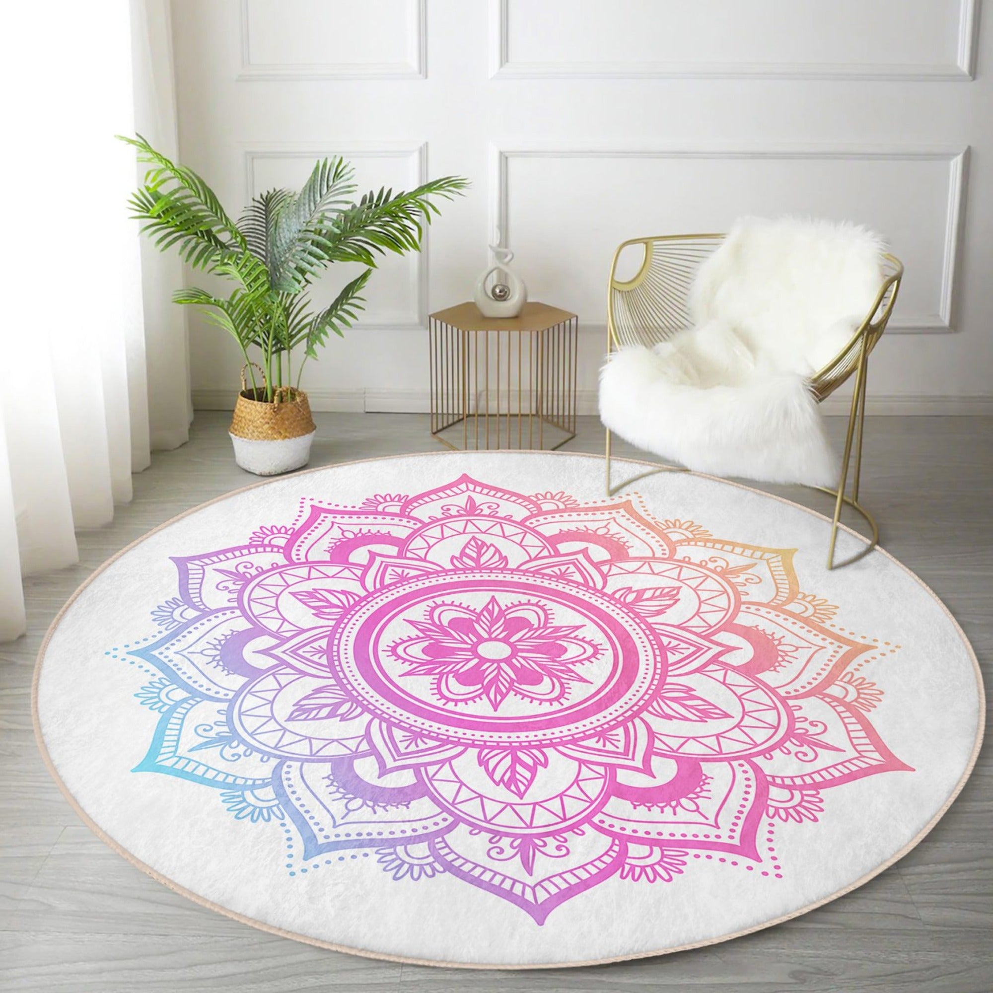 A beautifully designed round rug featuring a vibrant mandala pattern, perfect for cozy home decor and meditation spaces.