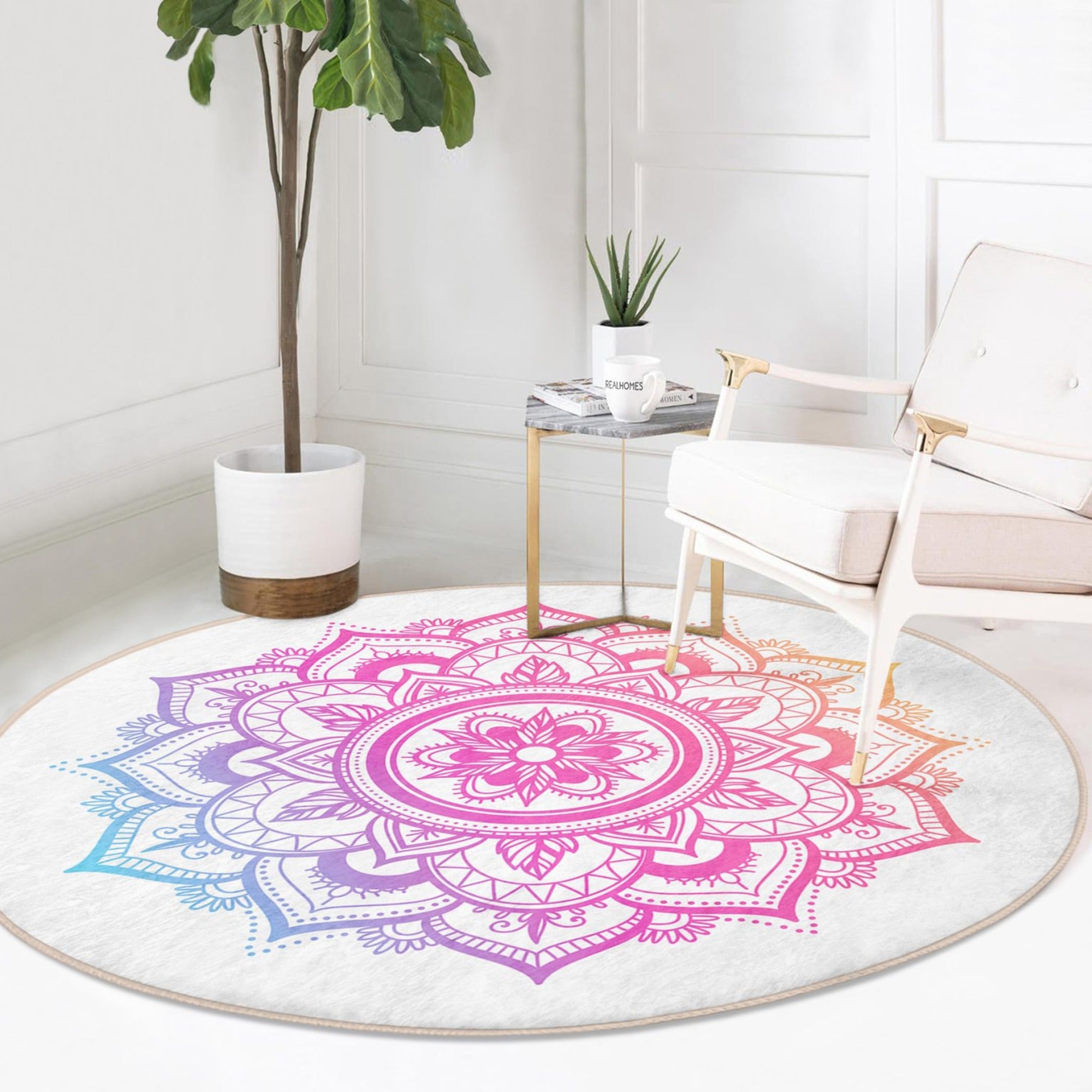 A beautifully designed round rug featuring a vibrant mandala pattern, perfect for cozy home decor and meditation spaces.