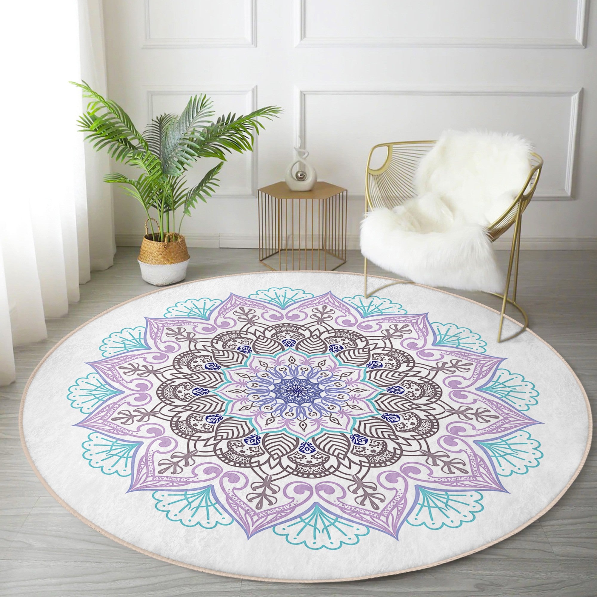 Beautiful mandala printed round rug in soft velvet fabric, showcasing intricate designs and vibrant colors, perfect for home decor.