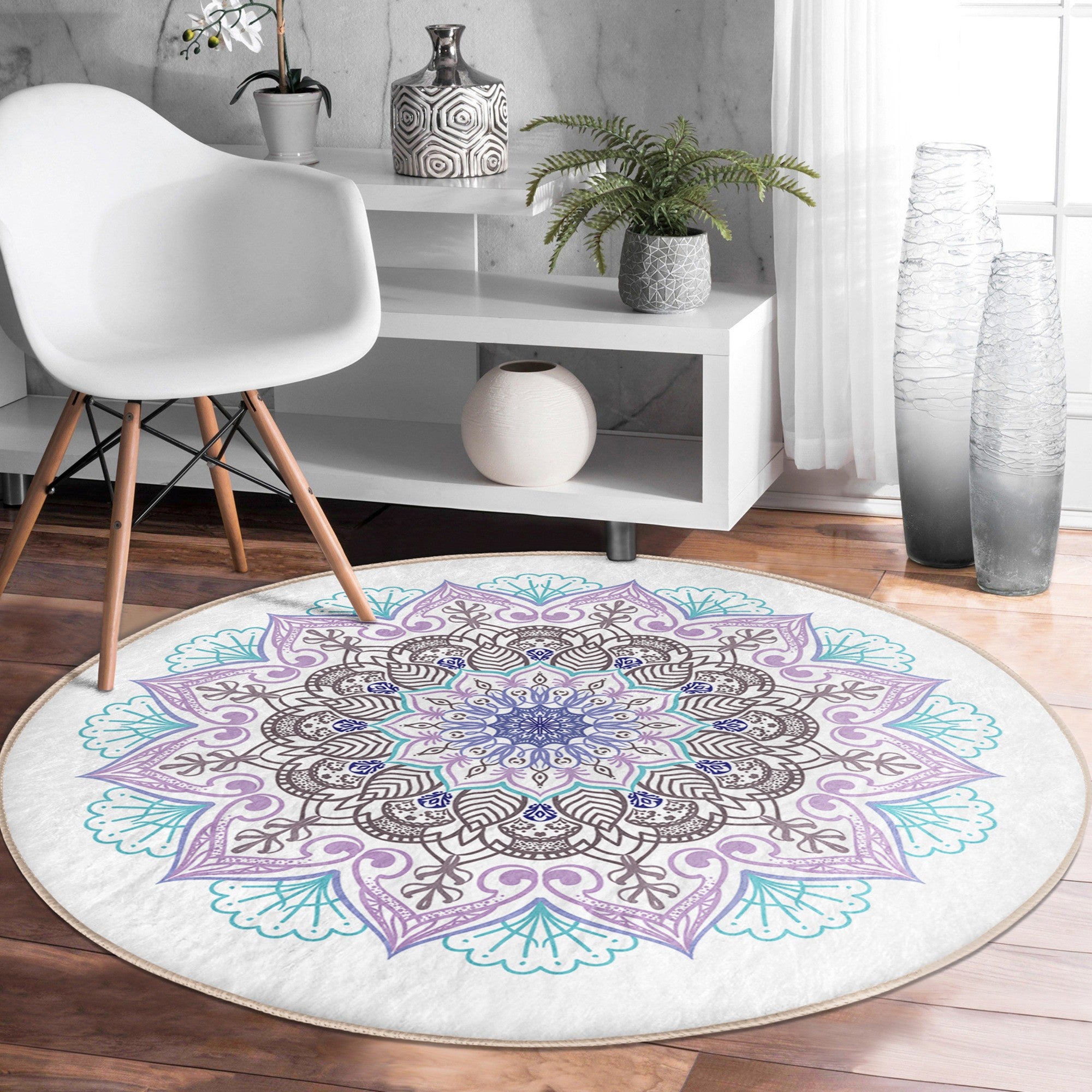 Beautiful mandala printed round rug in soft velvet fabric, showcasing intricate designs and vibrant colors, perfect for home decor.