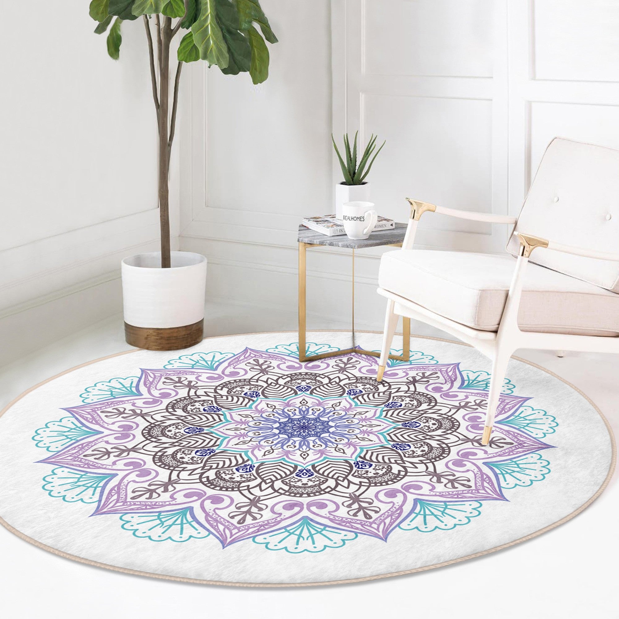 Beautiful mandala printed round rug in soft velvet fabric, showcasing intricate designs and vibrant colors, perfect for home decor.