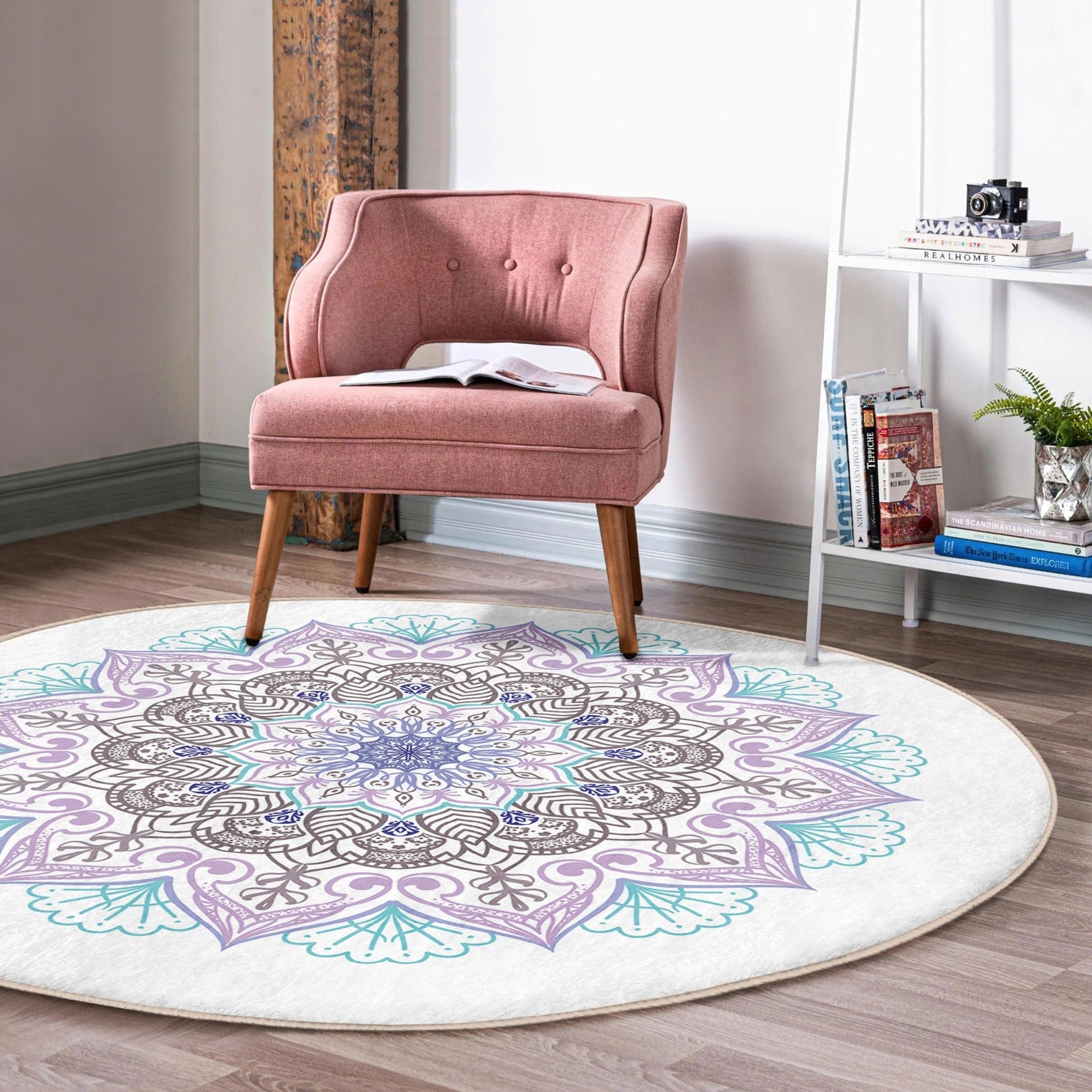 Beautiful mandala printed round rug in soft velvet fabric, showcasing intricate designs and vibrant colors, perfect for home decor.