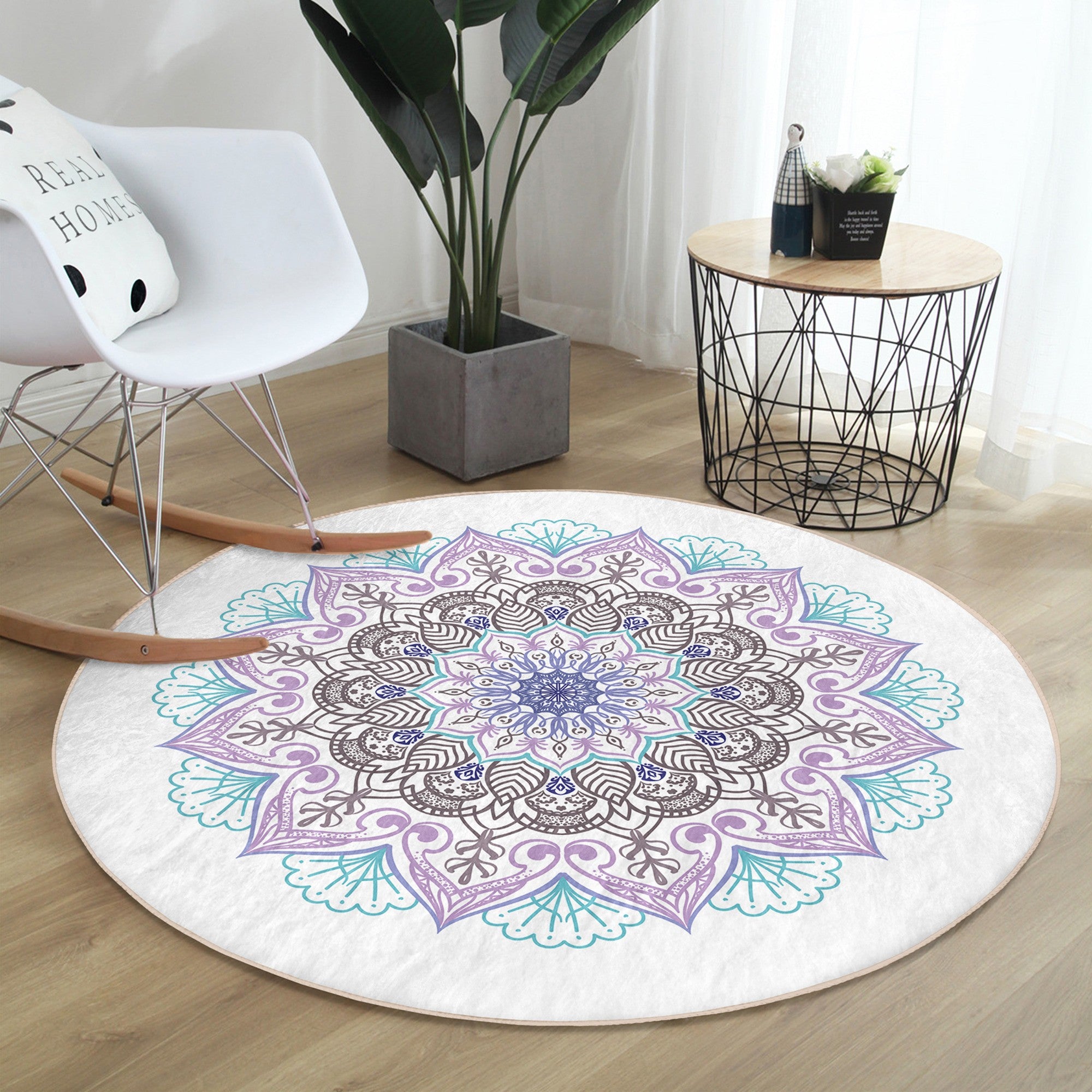 Beautiful mandala printed round rug in soft velvet fabric, showcasing intricate designs and vibrant colors, perfect for home decor.