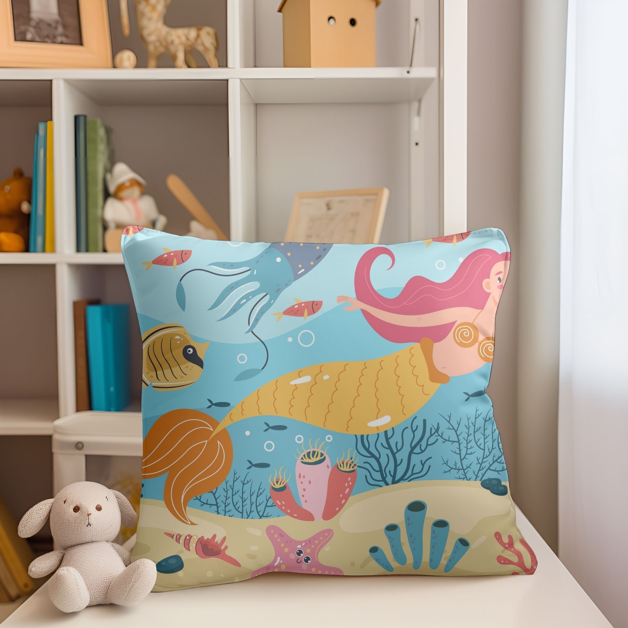 Beautiful Mermaid Baby Room Pillow featuring vibrant mermaid design on one side and light cream back, perfect for nursery decor.