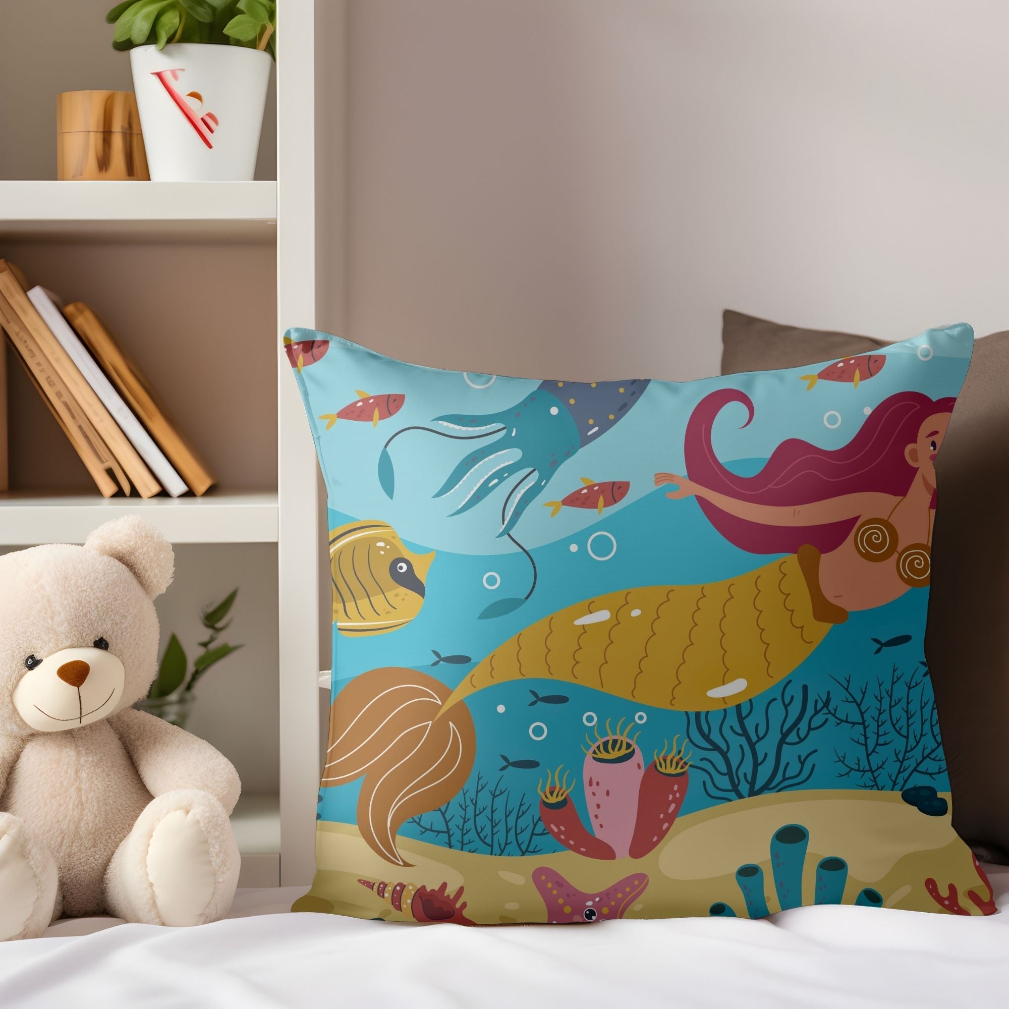 Beautiful Mermaid Baby Room Pillow featuring vibrant mermaid design on one side and light cream back, perfect for nursery decor.