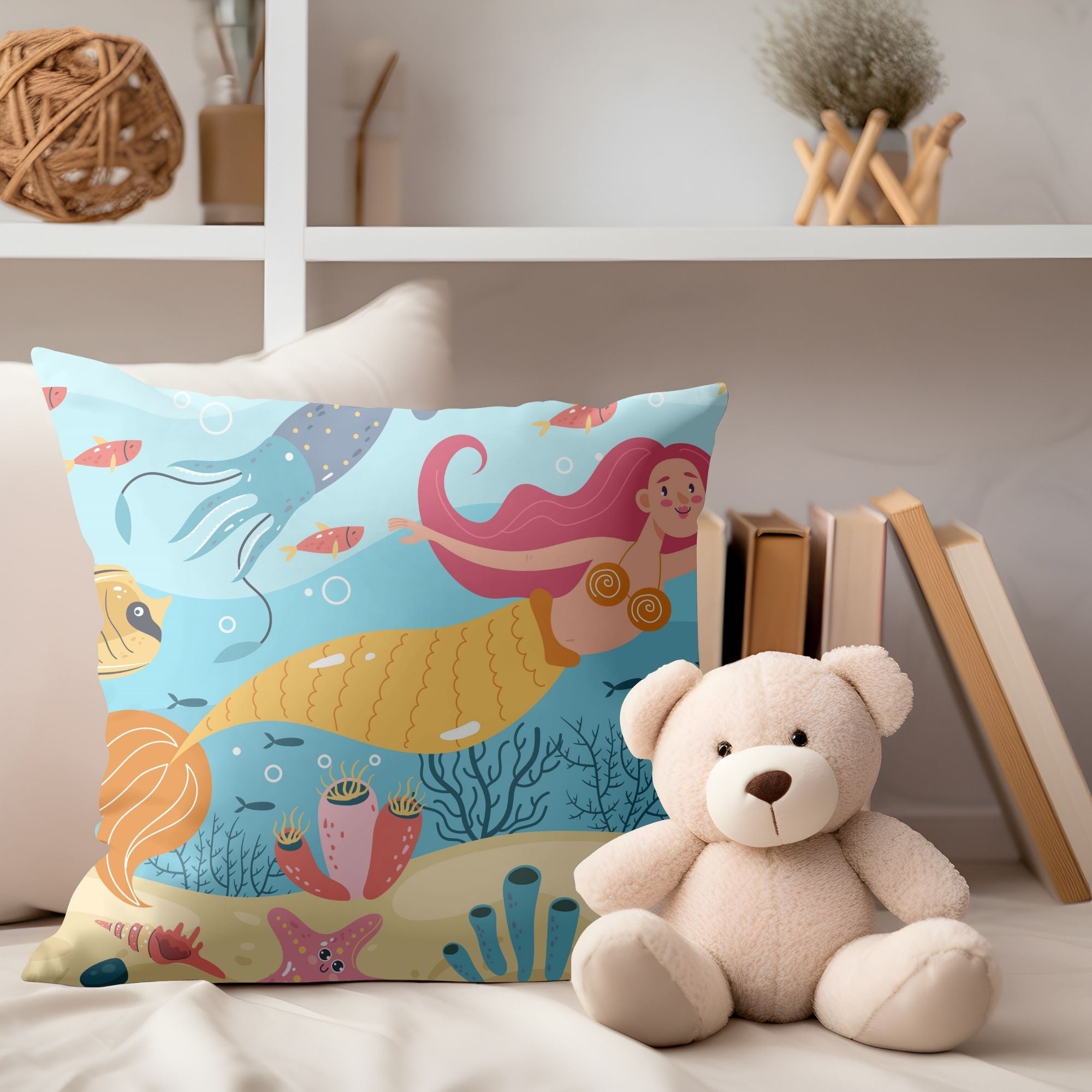 Beautiful Mermaid Baby Room Pillow featuring vibrant mermaid design on one side and light cream back, perfect for nursery decor.