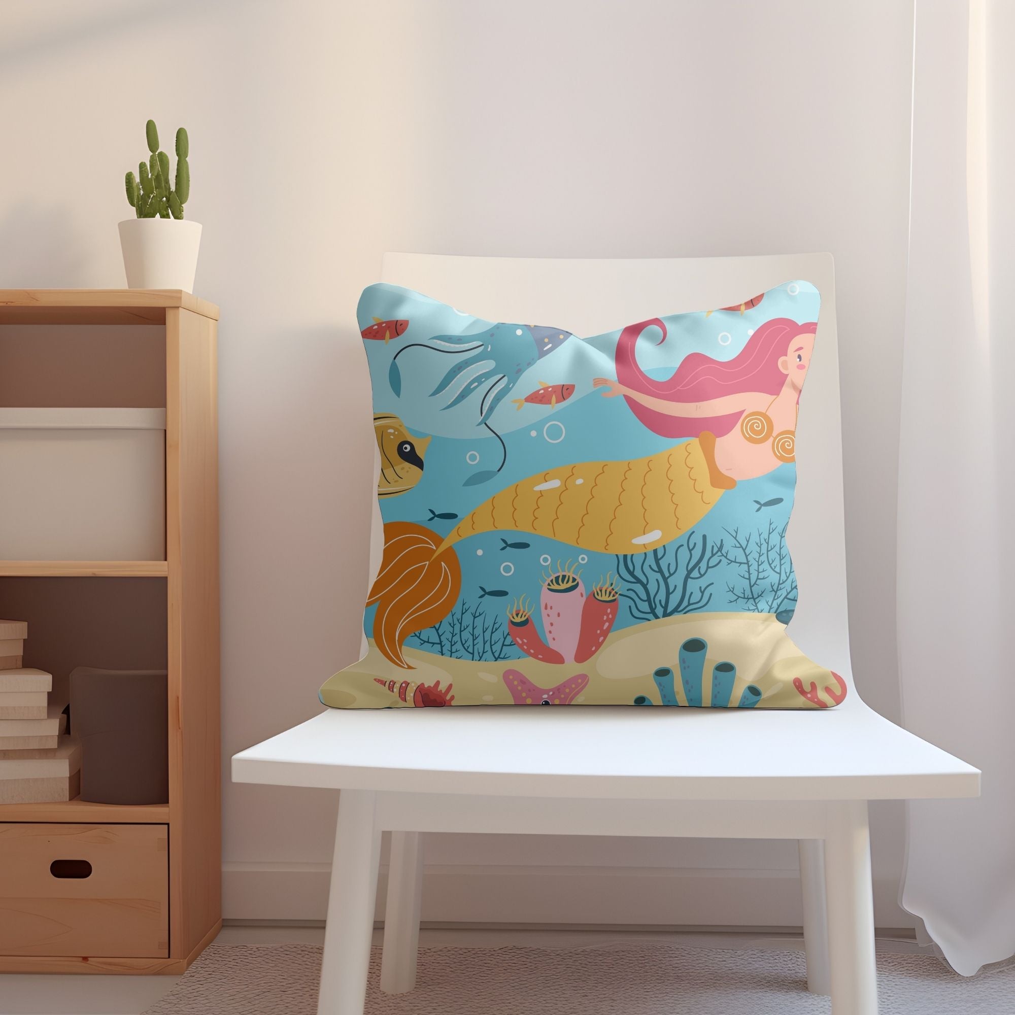 Beautiful Mermaid Baby Room Pillow featuring vibrant mermaid design on one side and light cream back, perfect for nursery decor.