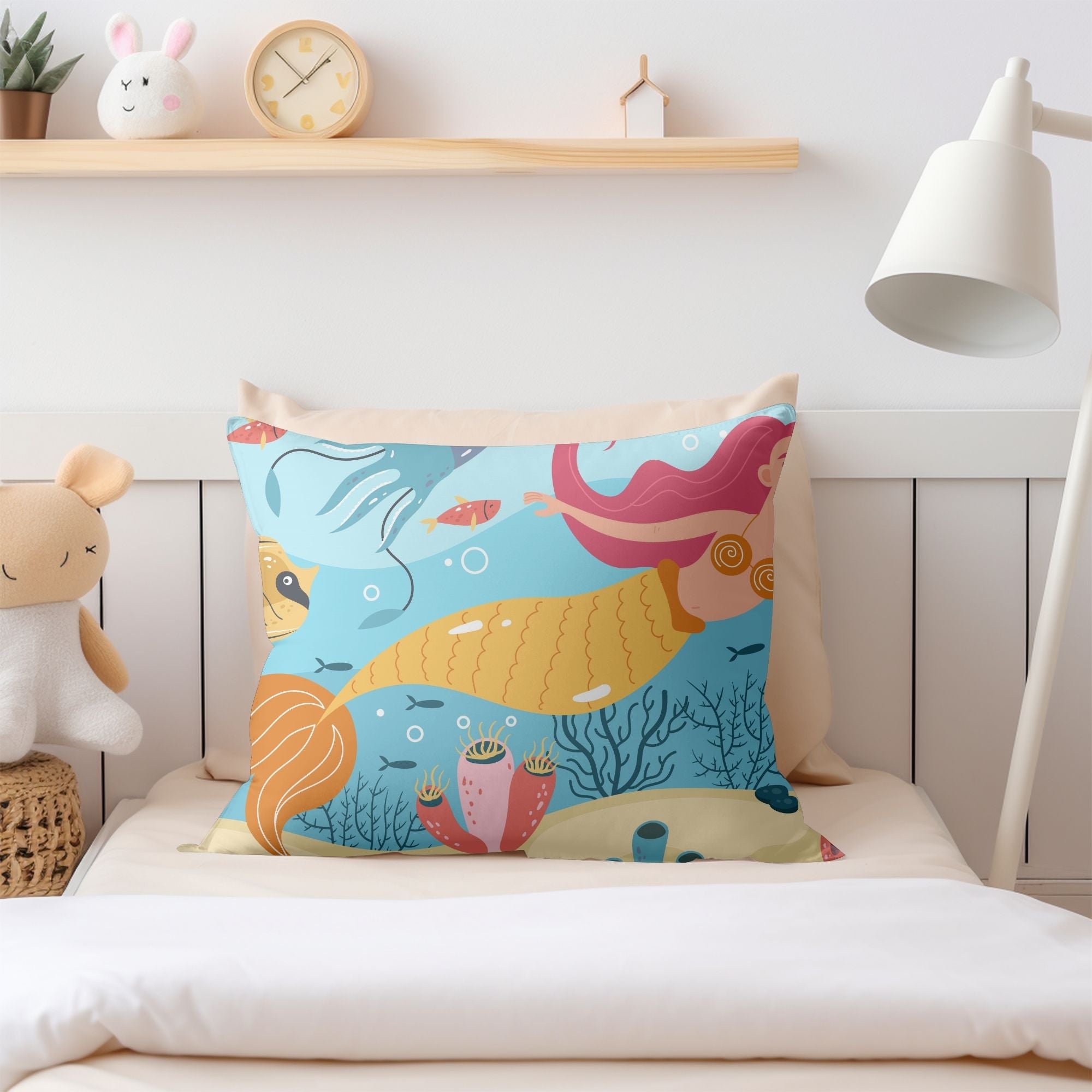 Beautiful Mermaid Baby Room Pillow featuring vibrant mermaid design on one side and light cream back, perfect for nursery decor.