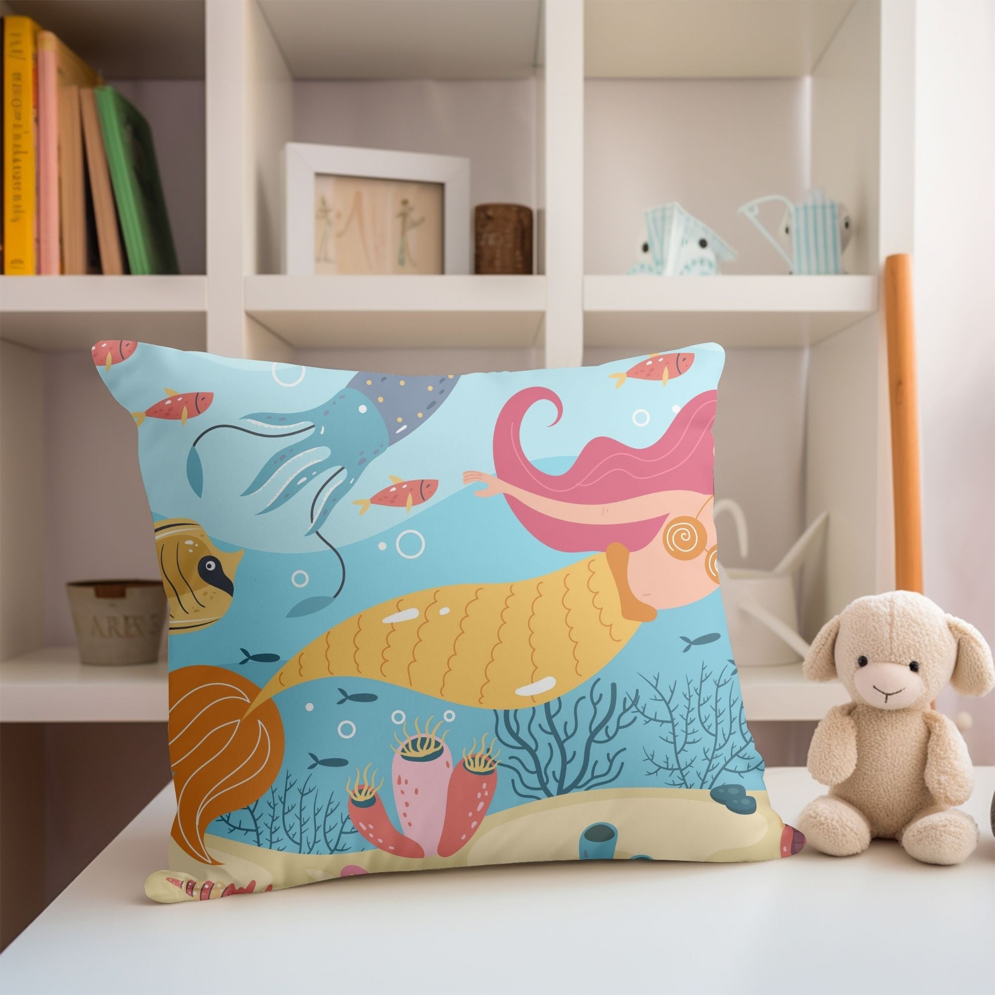 Beautiful Mermaid Baby Room Pillow featuring vibrant mermaid design on one side and light cream back, perfect for nursery decor.