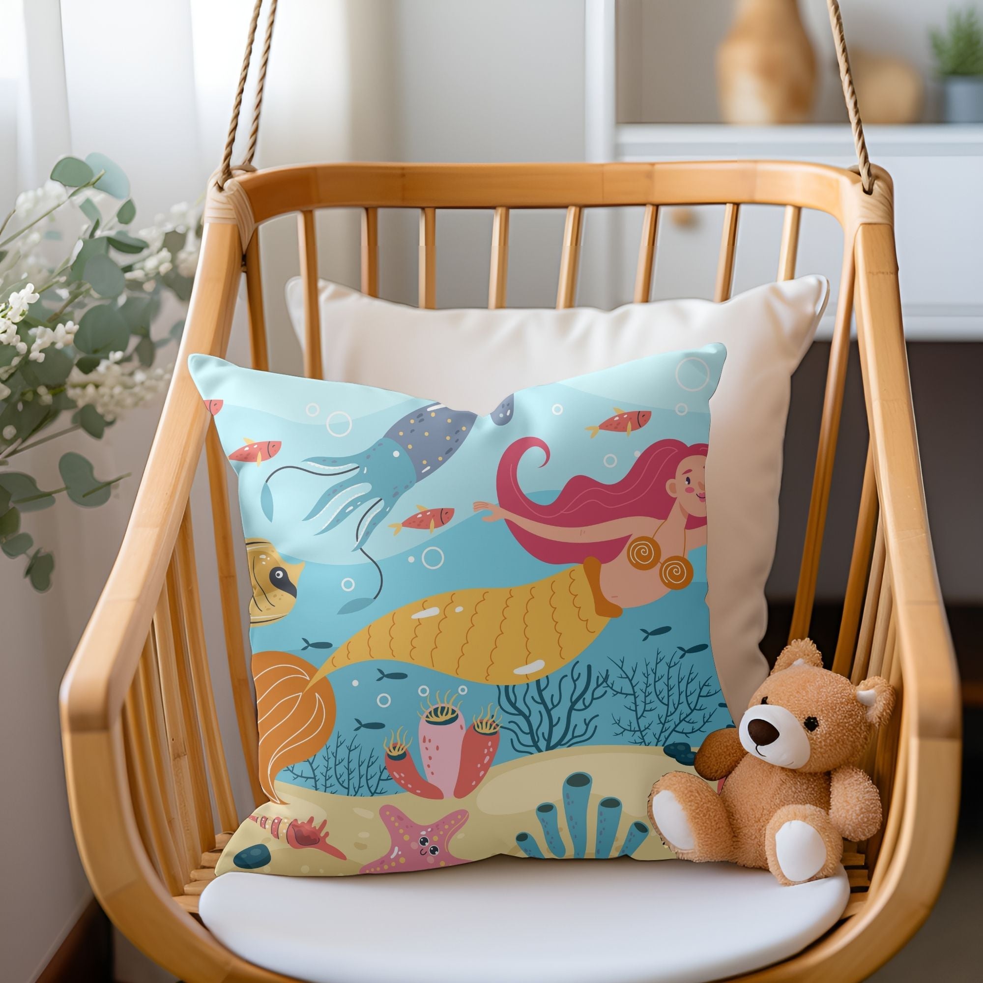 Beautiful Mermaid Baby Room Pillow featuring vibrant mermaid design on one side and light cream back, perfect for nursery decor.