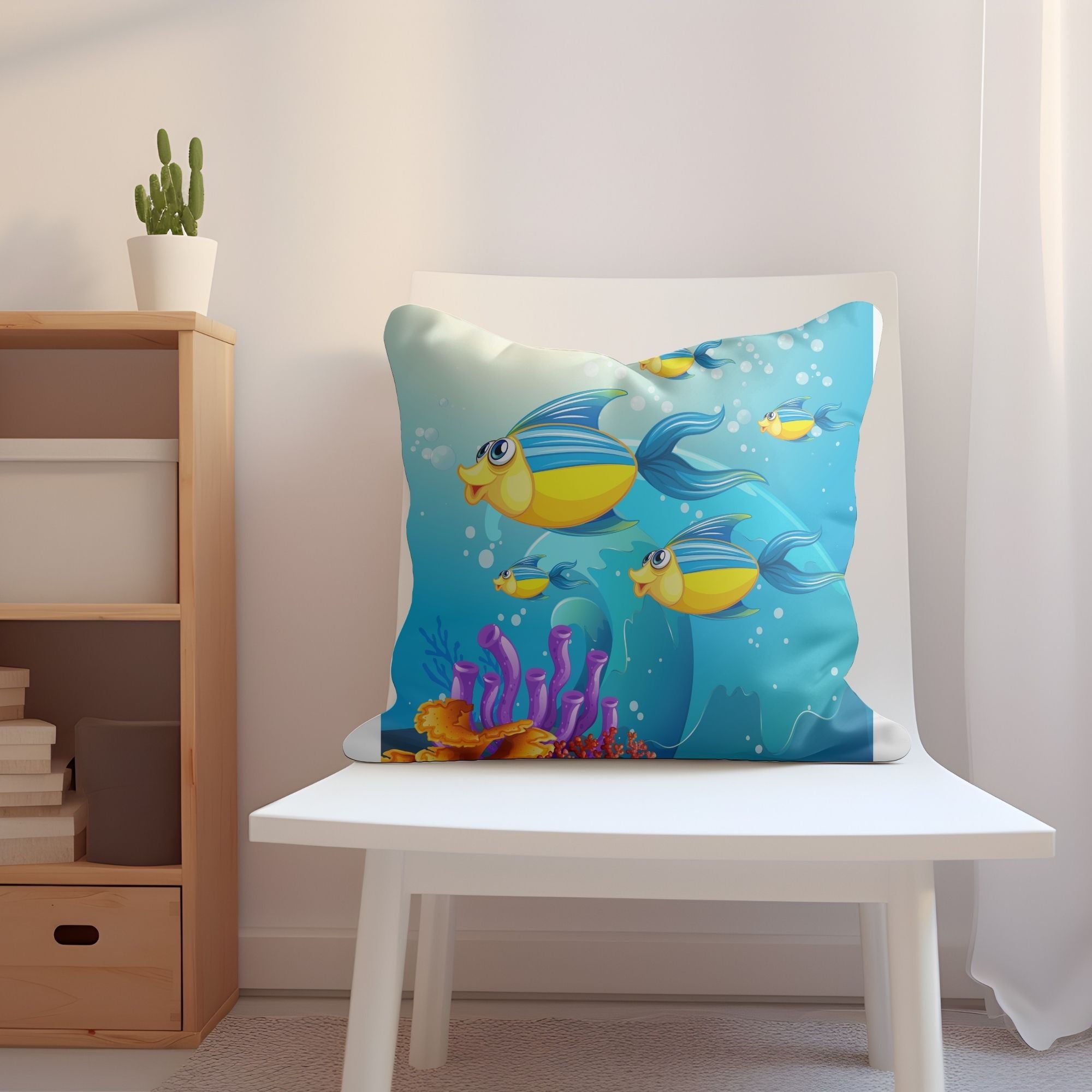 Beautiful Ocean Fishes Kids Pillow featuring vibrant fish designs on one side and a light cream back, perfect for children's rooms and outdoor use.