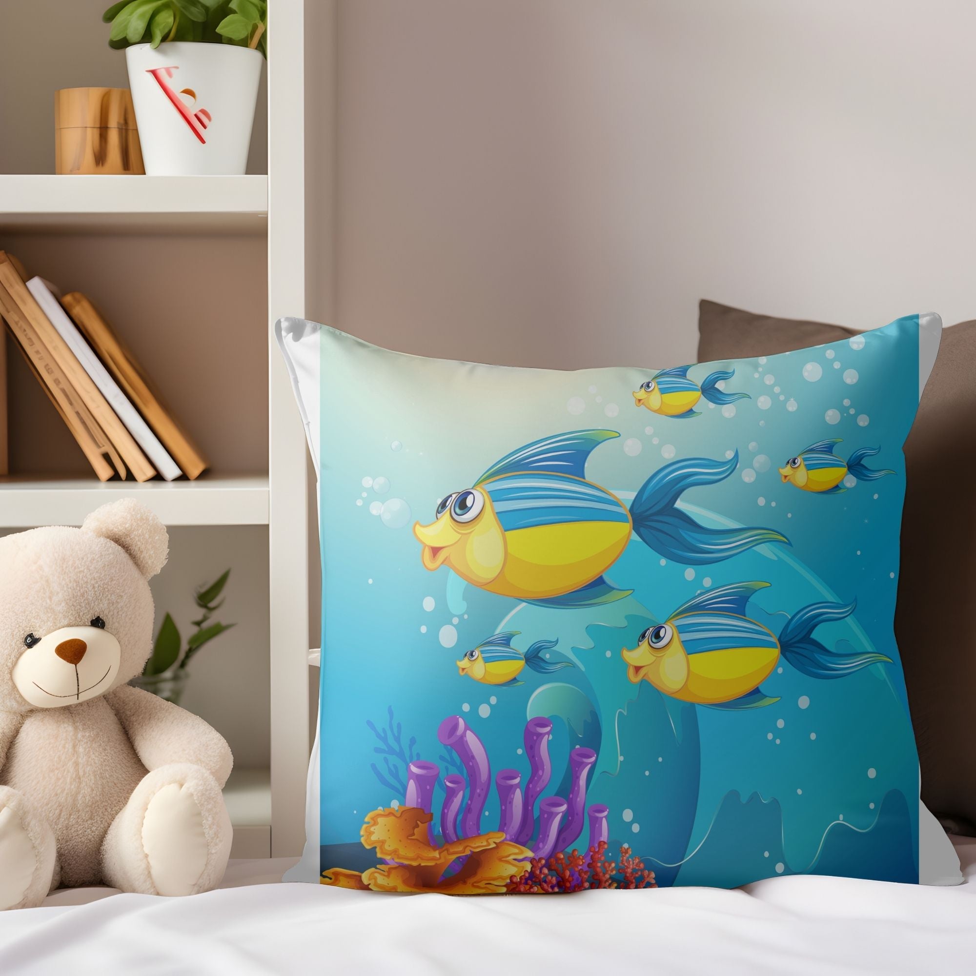 Beautiful Ocean Fishes Kids Pillow featuring vibrant fish designs on one side and a light cream back, perfect for children's rooms and outdoor use.