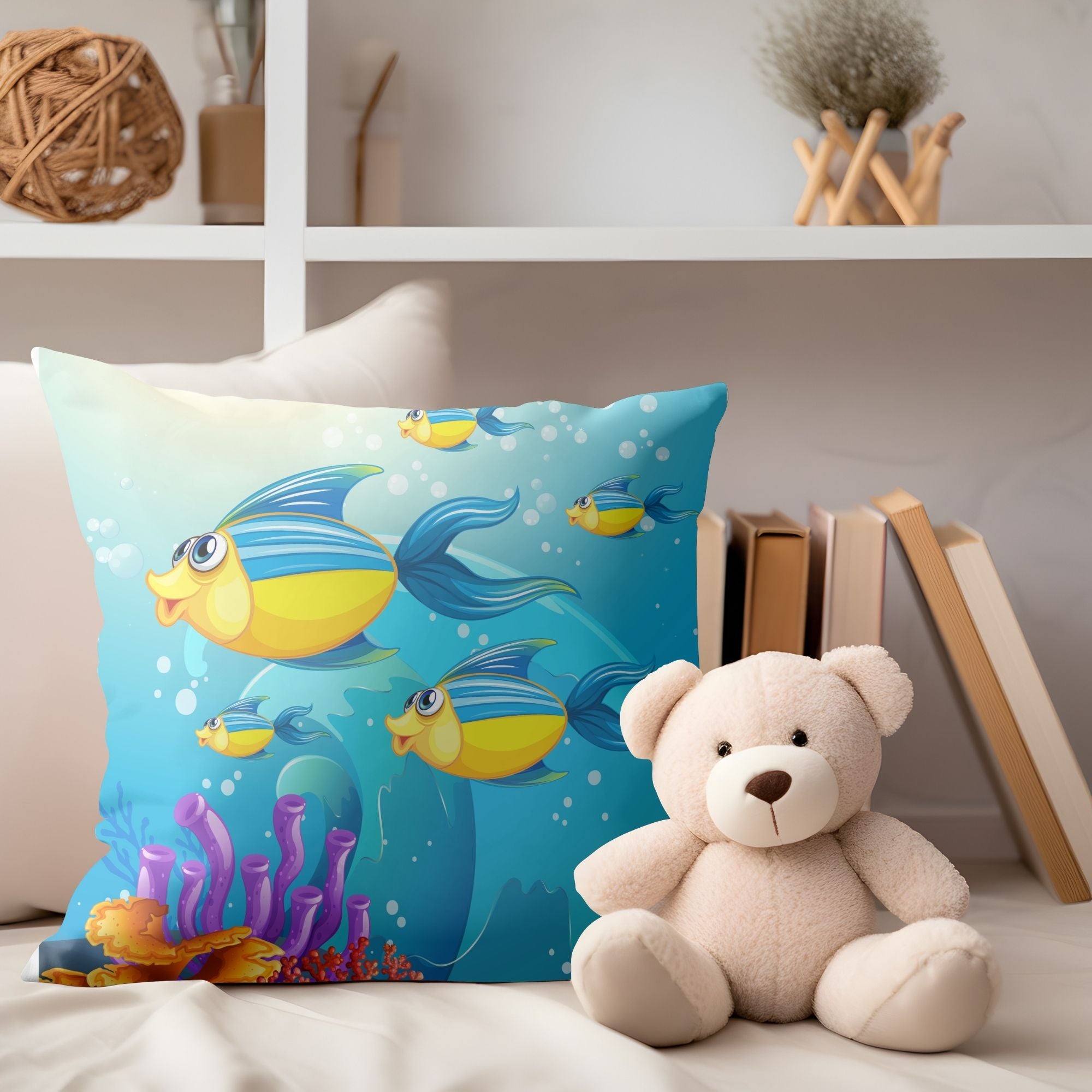 Beautiful Ocean Fishes Kids Pillow featuring vibrant fish designs on one side and a light cream back, perfect for children's rooms and outdoor use.