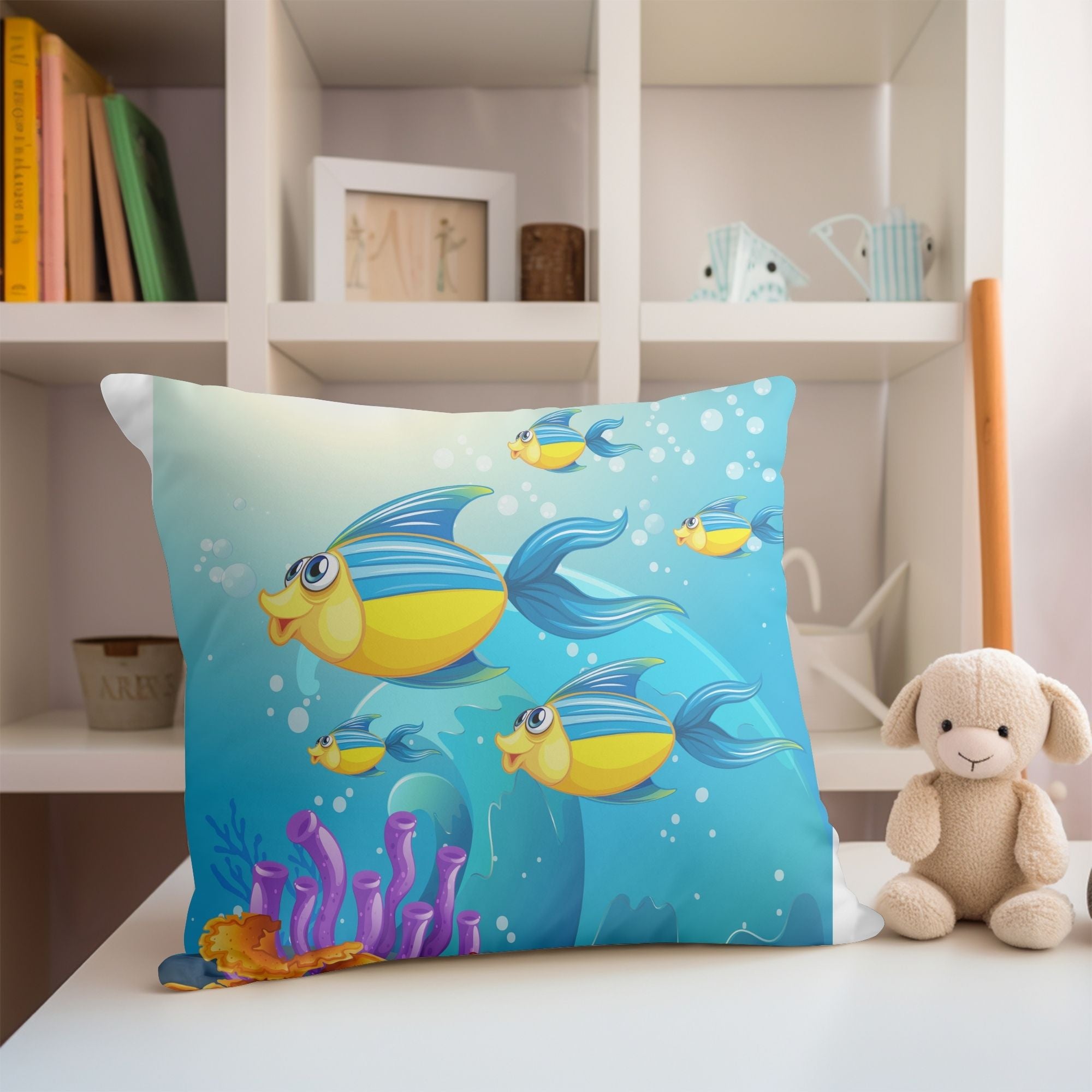 Beautiful Ocean Fishes Kids Pillow featuring vibrant fish designs on one side and a light cream back, perfect for children's rooms and outdoor use.