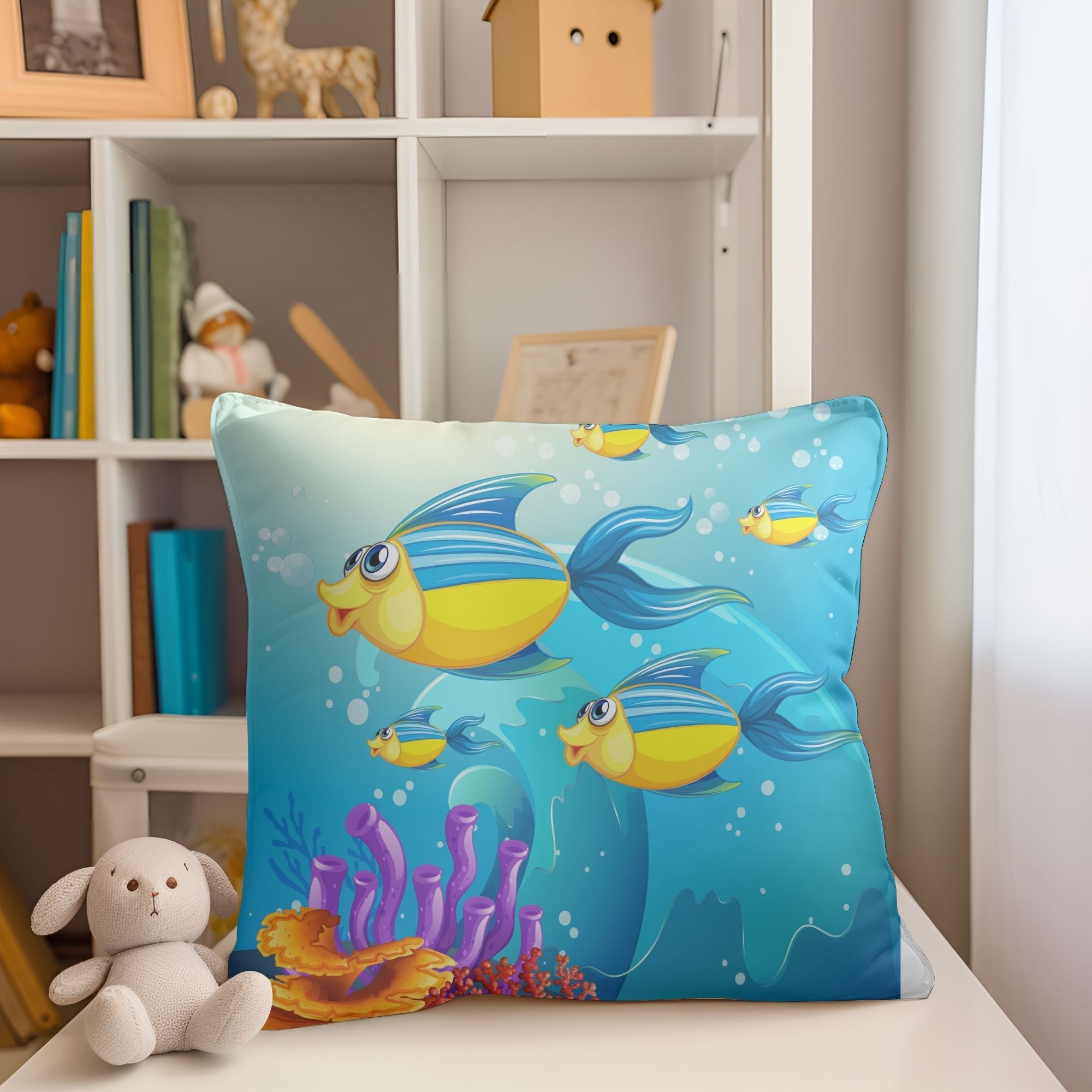 Beautiful Ocean Fishes Kids Pillow featuring vibrant fish designs on one side and a light cream back, perfect for children's rooms and outdoor use.