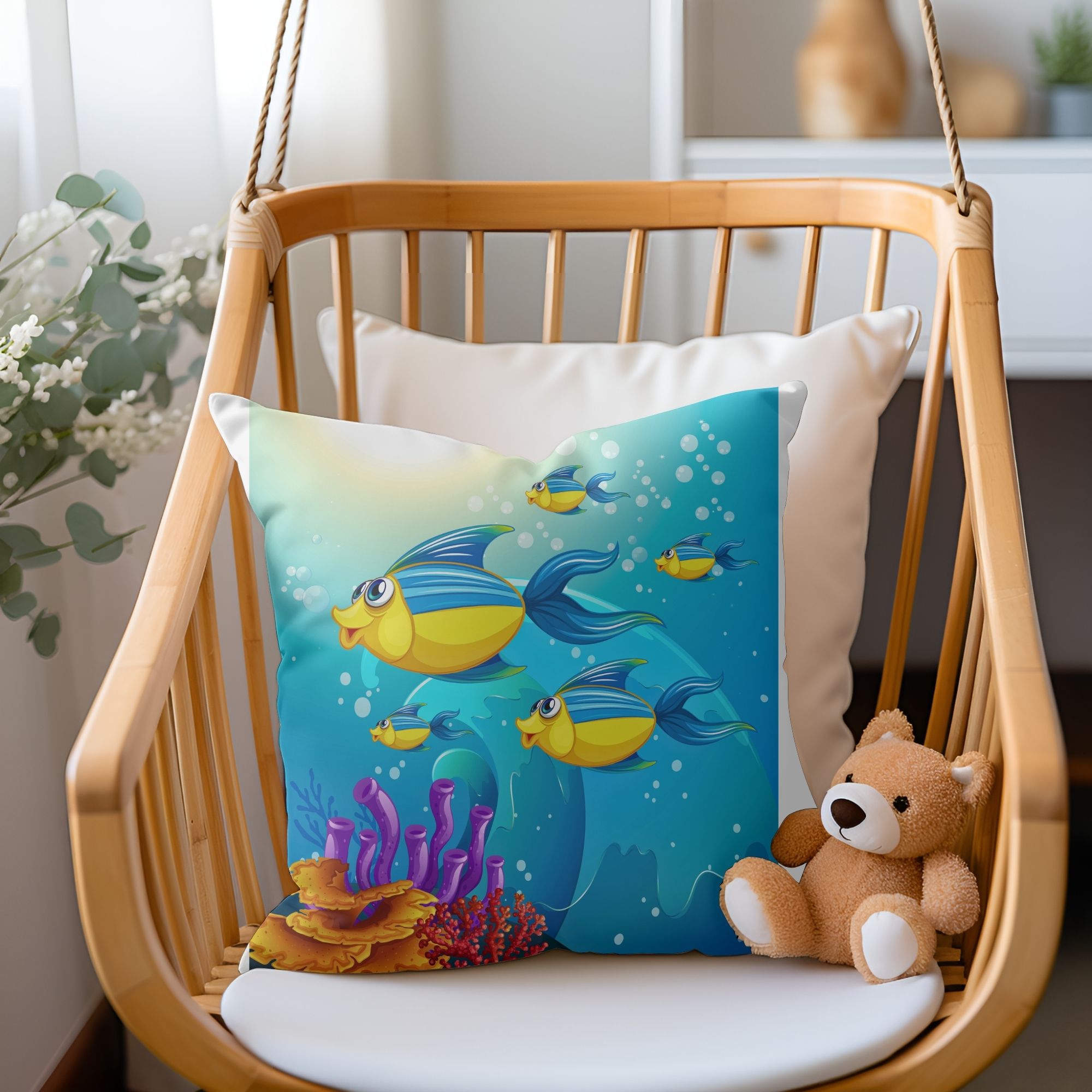 Beautiful Ocean Fishes Kids Pillow featuring vibrant fish designs on one side and a light cream back, perfect for children's rooms and outdoor use.