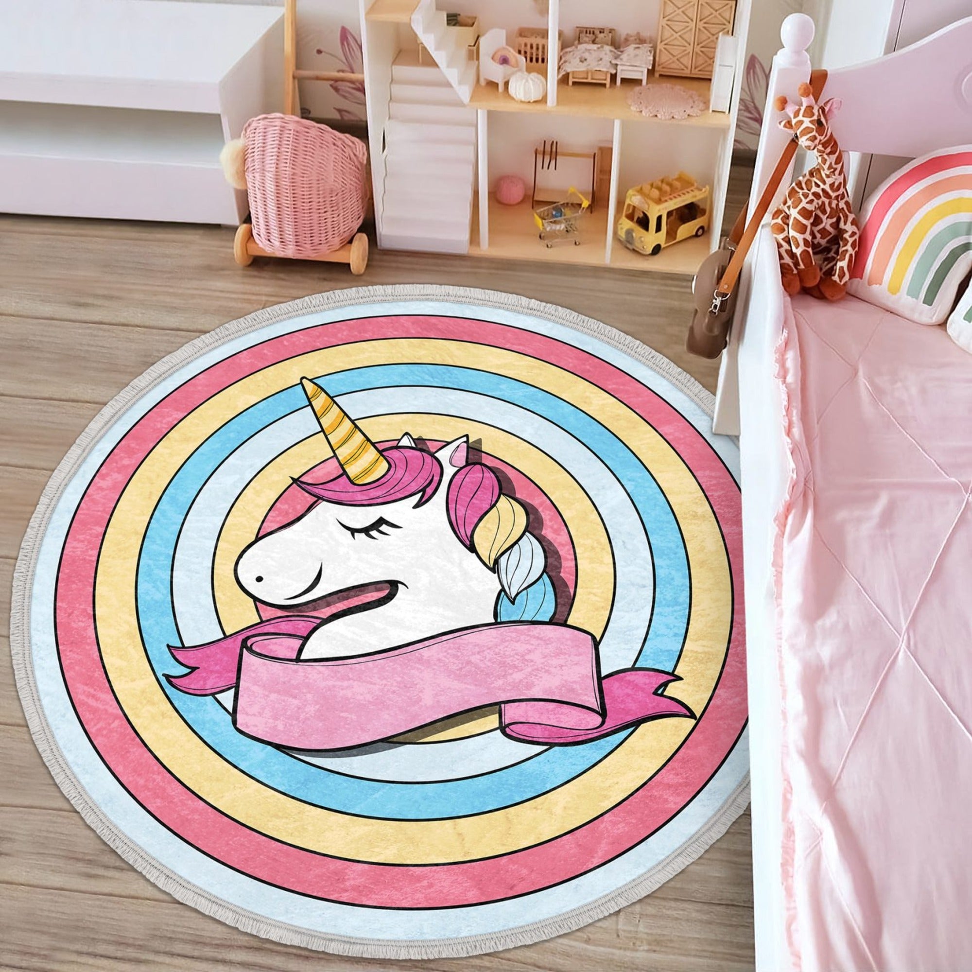 Beautiful round rug featuring a vibrant unicorn design, perfect for kids' rooms and nurseries, made from soft velvet fabric.