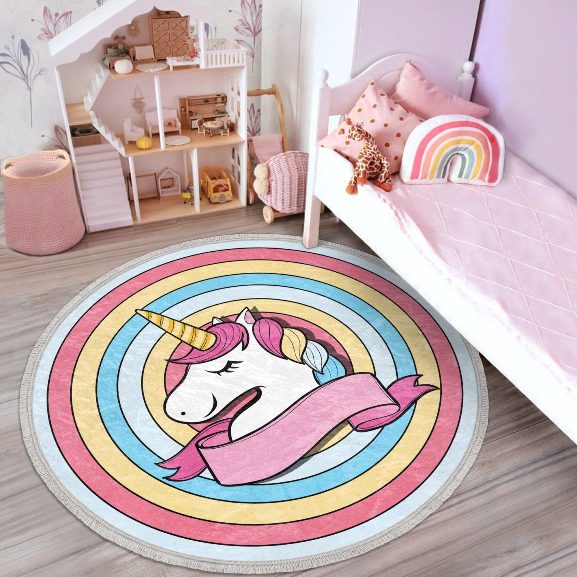 Beautiful round rug featuring a vibrant unicorn design, perfect for kids' rooms and nurseries, made from soft velvet fabric.