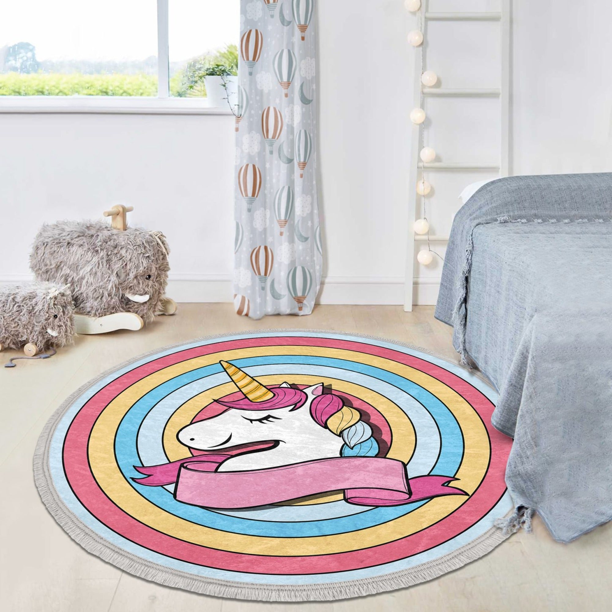 Beautiful round rug featuring a vibrant unicorn design, perfect for kids' rooms and nurseries, made from soft velvet fabric.