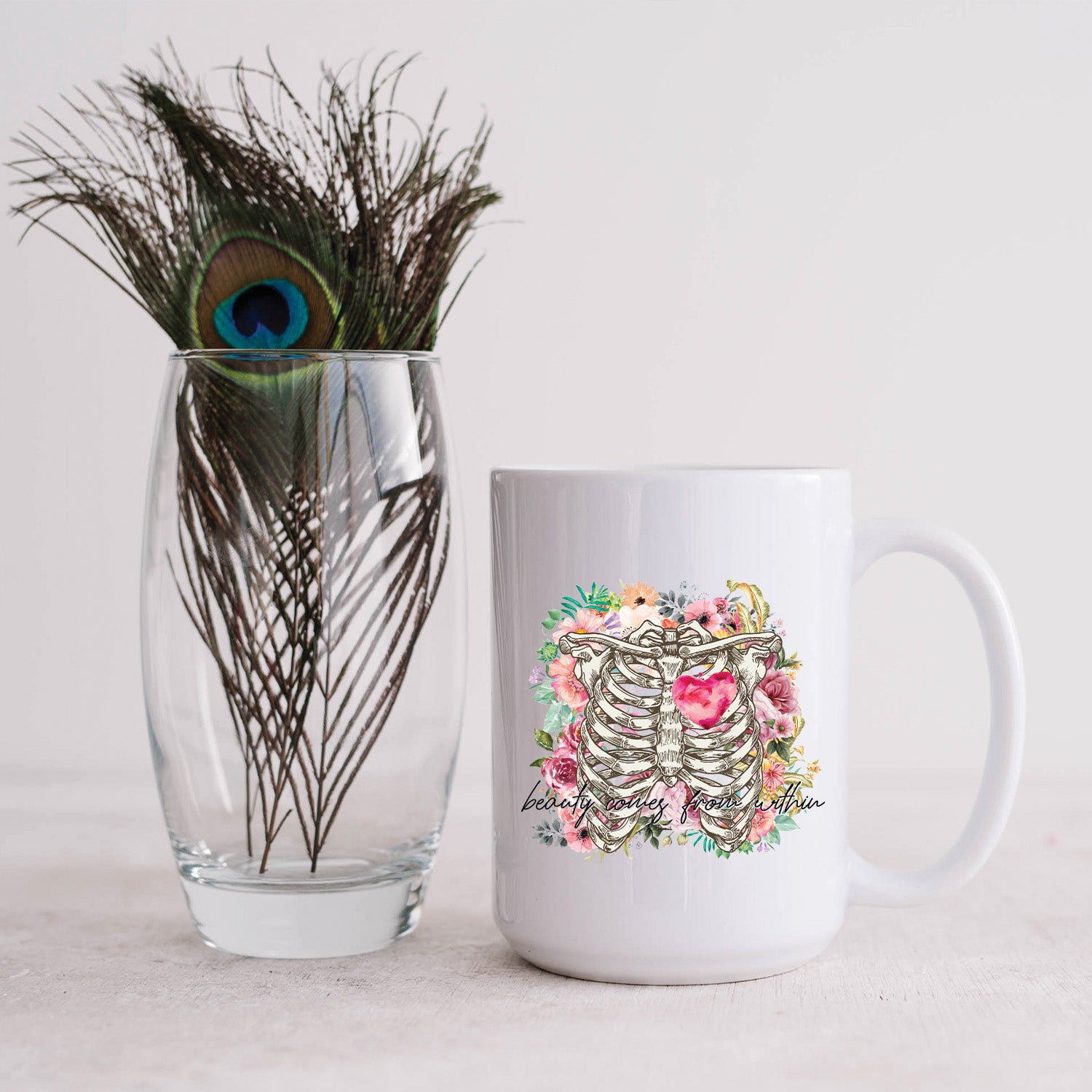 Beauty Comes From Within 15oz Mug with a glossy white finish and vivid print, perfect for coffee or tea.