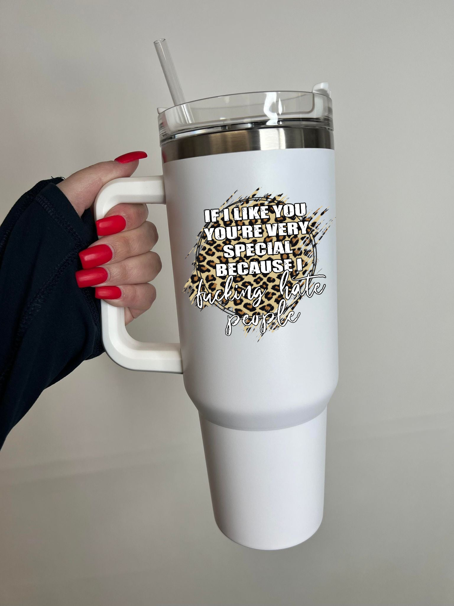 Because I Hate People 40oz Travel Mug in white stainless steel with removable handle and straw-friendly lid.