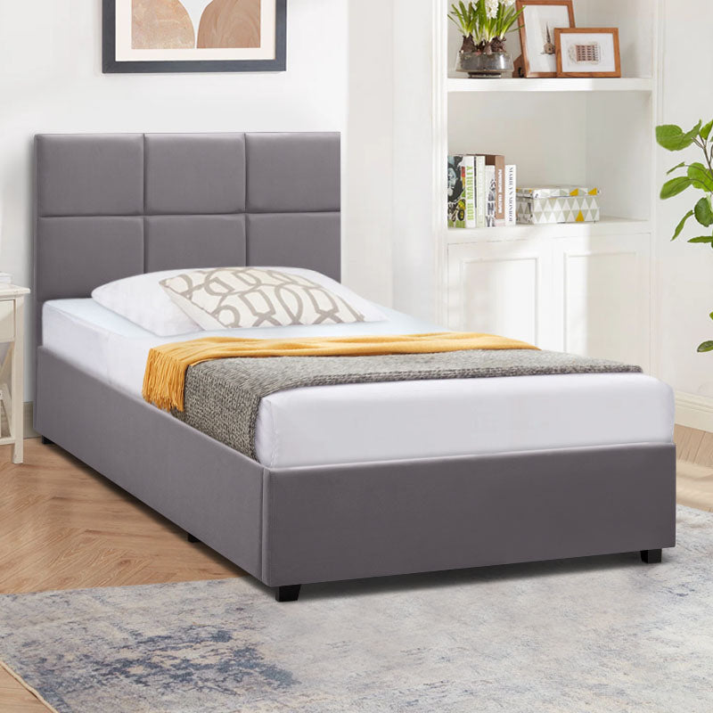 CELLO Grey Bed 120x200cm with plush velvet upholstery and under-bed storage, featuring anatomical slats and wooden legs.