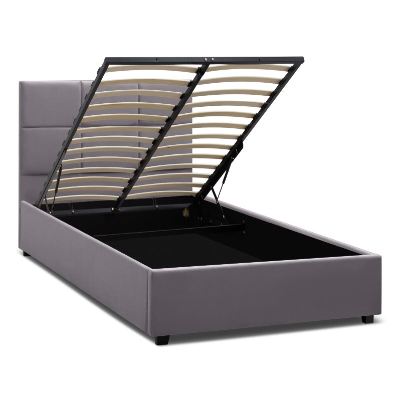 CELLO Grey Bed 120x200cm with plush velvet upholstery and under-bed storage, featuring anatomical slats and wooden legs.