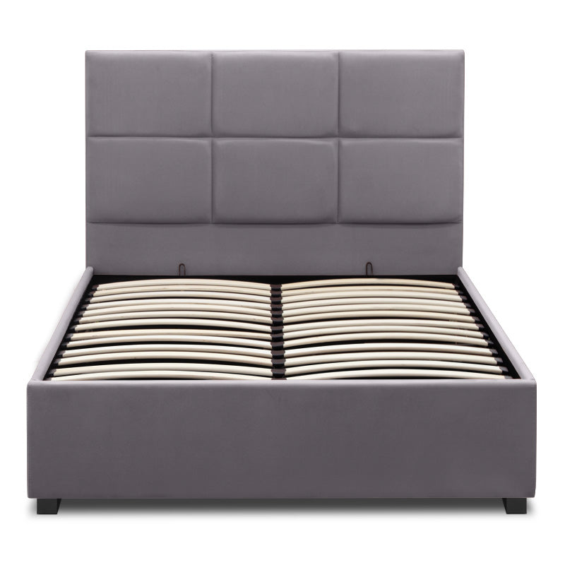 CELLO Grey Bed 120x200cm with plush velvet upholstery and under-bed storage, featuring anatomical slats and wooden legs.