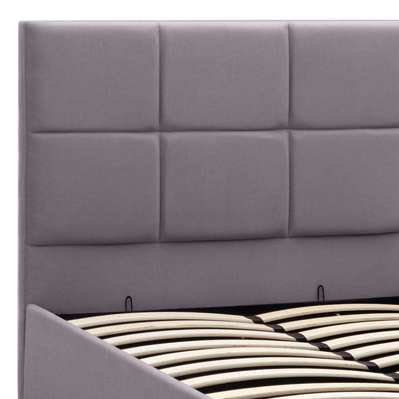 CELLO Grey Bed 120x200cm with plush velvet upholstery and under-bed storage, featuring anatomical slats and wooden legs.