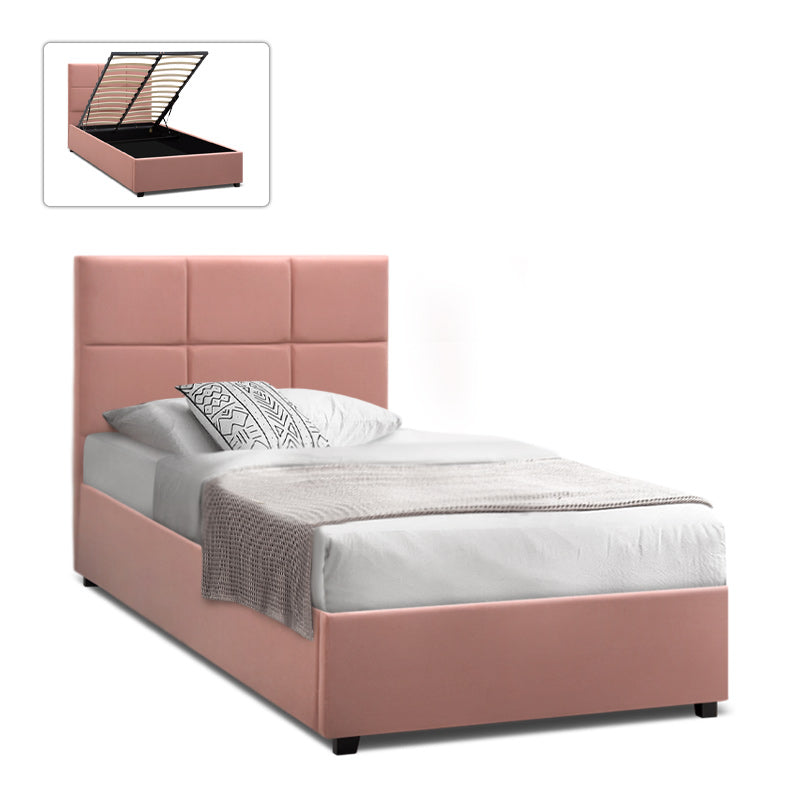 CELLO Pink Bed with plush velvet upholstery and under-bed storage, featuring anatomical slats and black wooden legs.