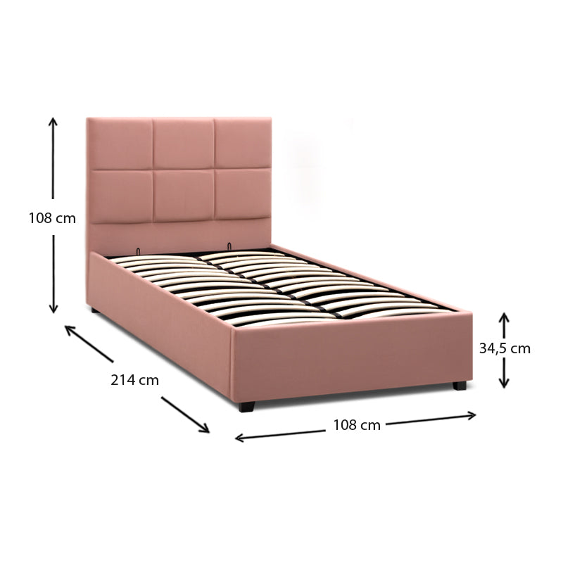 CELLO Pink Bed with plush velvet upholstery and under-bed storage, featuring anatomical slats and black wooden legs.