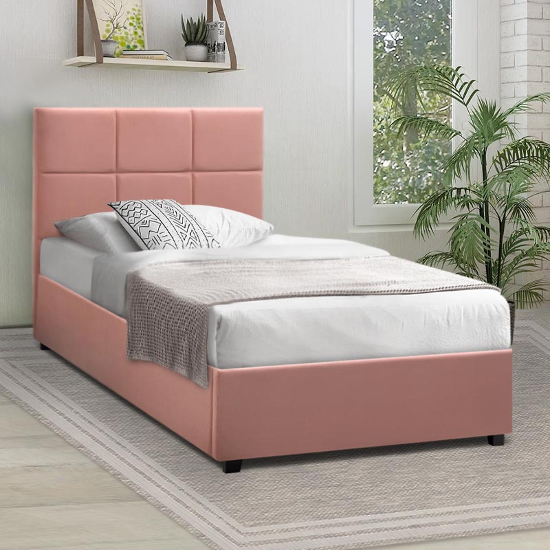 CELLO Pink Bed with plush velvet upholstery and under-bed storage, featuring anatomical slats and black wooden legs.