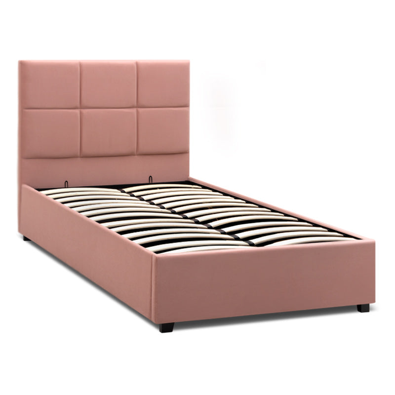 CELLO Pink Bed with plush velvet upholstery and under-bed storage, featuring anatomical slats and black wooden legs.