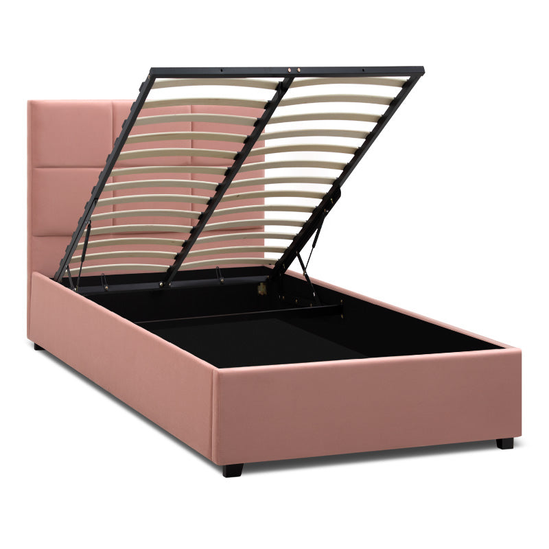 CELLO Pink Bed with plush velvet upholstery and under-bed storage, featuring anatomical slats and black wooden legs.