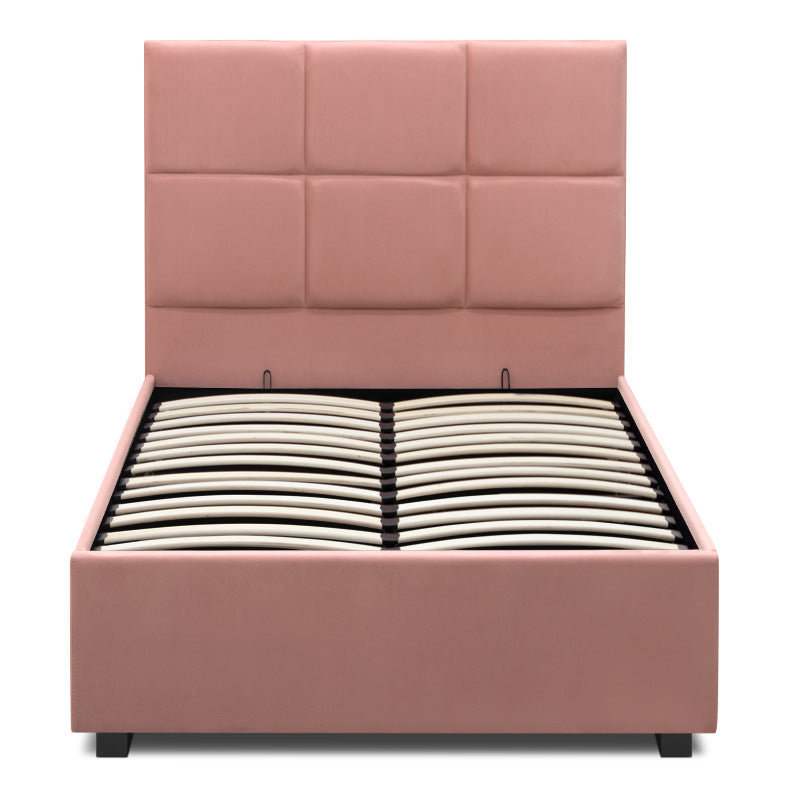 CELLO Pink Bed with plush velvet upholstery and under-bed storage, featuring anatomical slats and black wooden legs.