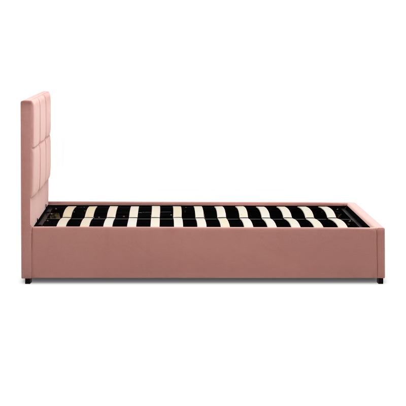 CELLO Pink Bed with plush velvet upholstery and under-bed storage, featuring anatomical slats and black wooden legs.