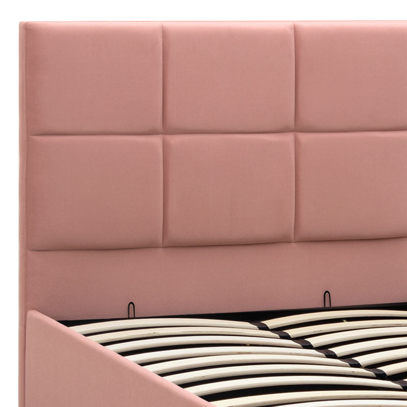 CELLO Pink Bed with plush velvet upholstery and under-bed storage, featuring anatomical slats and black wooden legs.