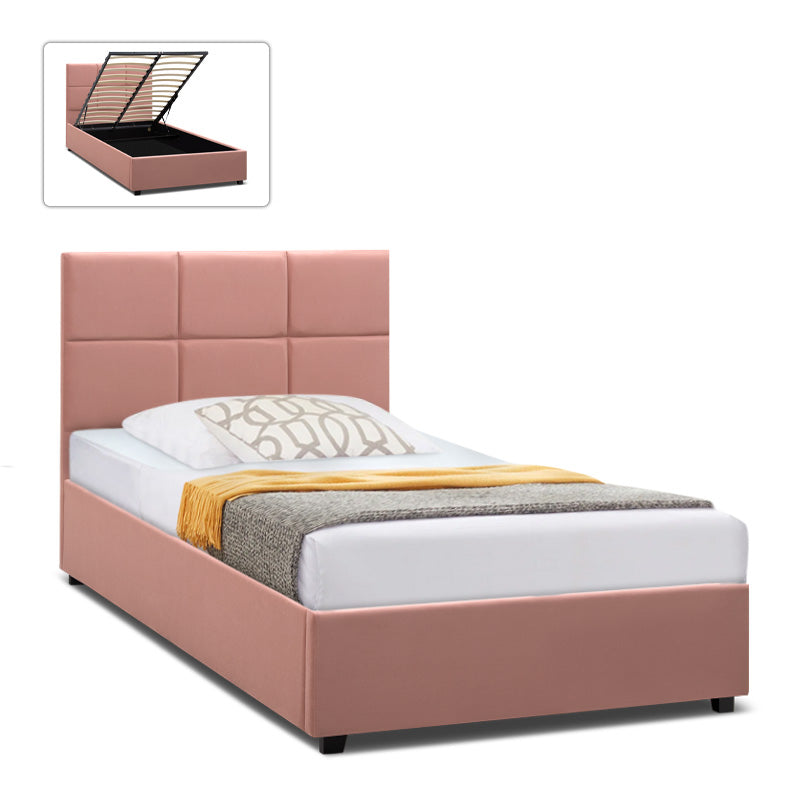 CELLO Pink Bed 120x200cm with plush velvet upholstery and under-bed storage, featuring anatomical slats and black wooden legs.