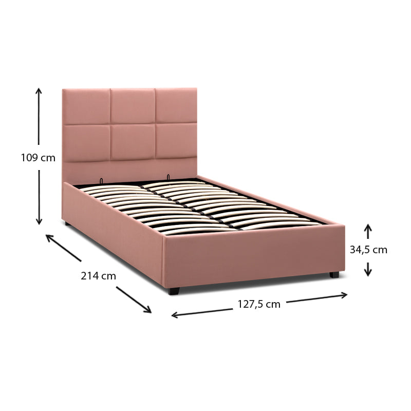 CELLO Pink Bed 120x200cm with plush velvet upholstery and under-bed storage, featuring anatomical slats and black wooden legs.