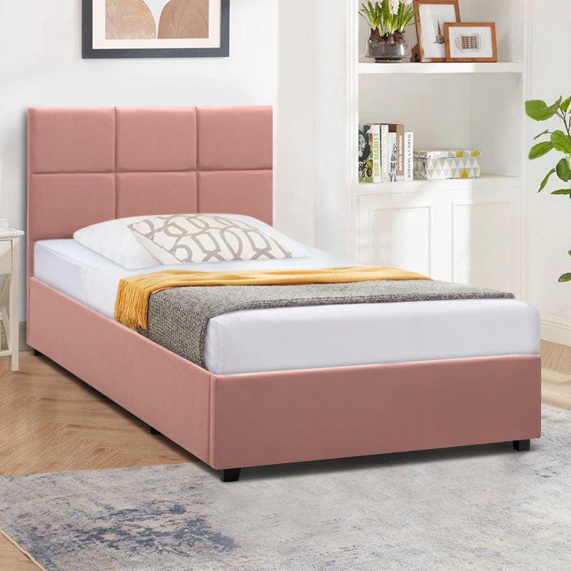 CELLO Pink Bed 120x200cm with plush velvet upholstery and under-bed storage, featuring anatomical slats and black wooden legs.