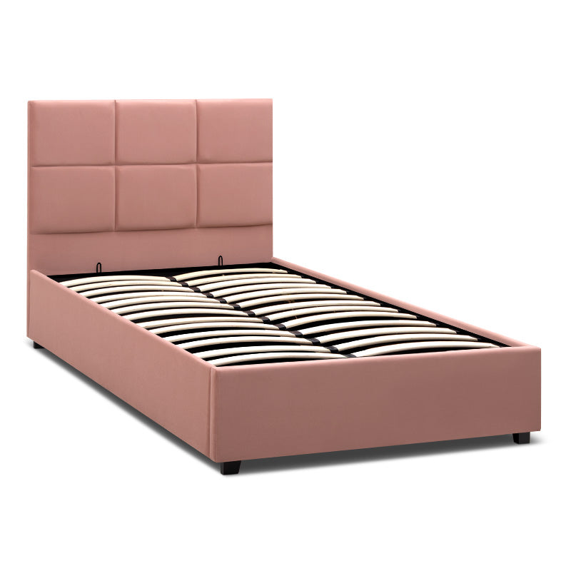 CELLO Pink Bed 120x200cm with plush velvet upholstery and under-bed storage, featuring anatomical slats and black wooden legs.