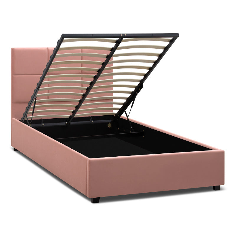 CELLO Pink Bed 120x200cm with plush velvet upholstery and under-bed storage, featuring anatomical slats and black wooden legs.